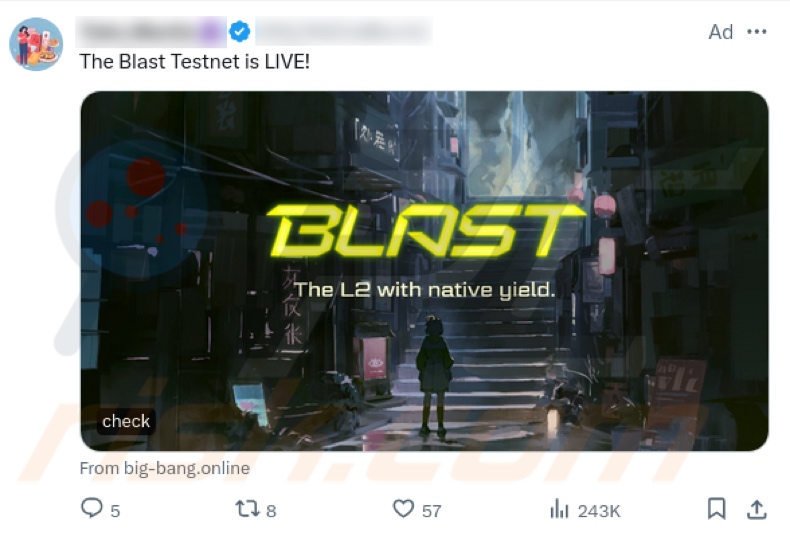 Blast Airdrop truffa che promuove il post di X (Twitter)