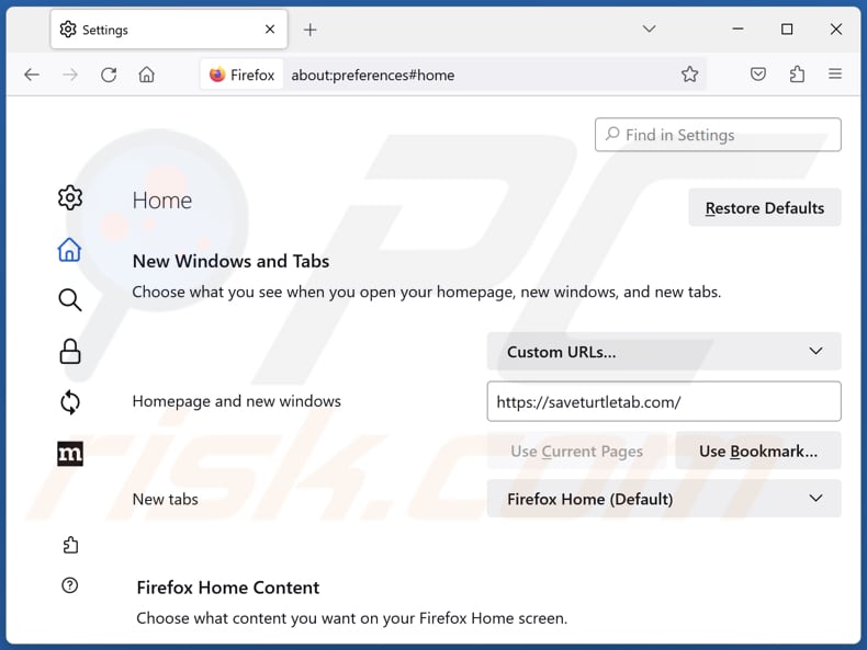 Rimozione di saveturtletab.com dalla homepage di Mozilla Firefox