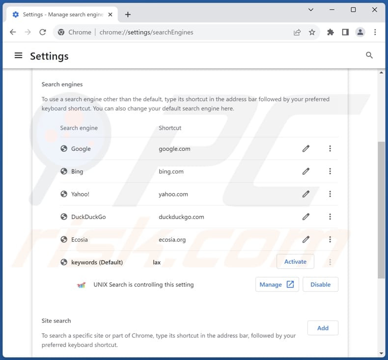 Rimozione unixsearch.com dal motore di ricerca predefinito di Google Chrome