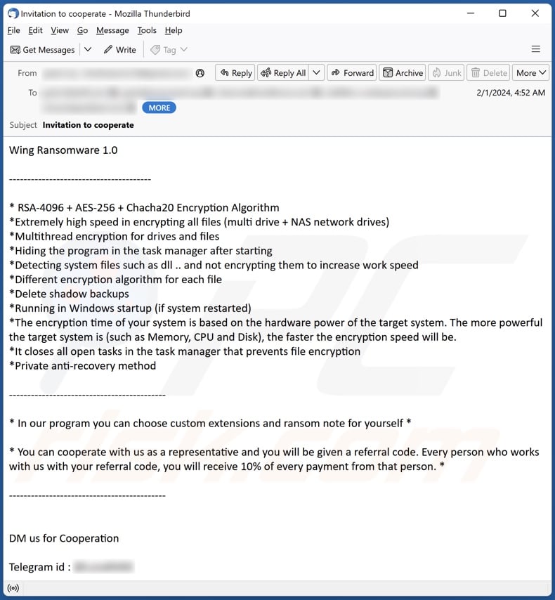 Screenshot di un'e-mail di spam in cerca di partner per il ransomware Wing