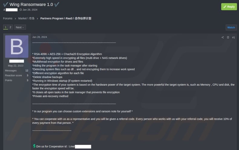 Screenshot di un post sul forum di un hacker in cerca di partner per il ransomware Wing