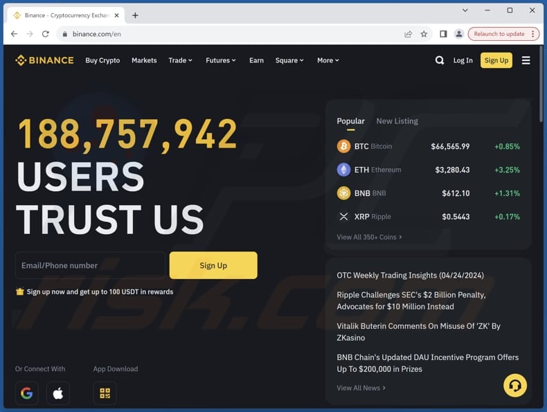 Binance's Token Launch sito web reale (binance.com)