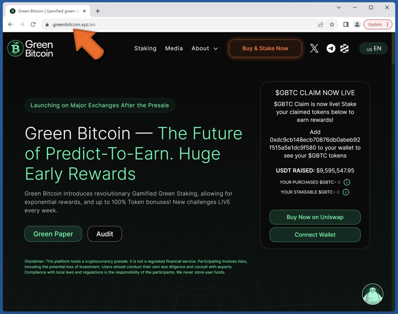Aspetto della vera piattaforma Green Bitcoin (greenbitcoin.xyz)