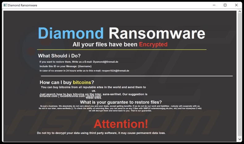 Diamond (Duckcryptor) ransomware nota di riscatto (Duckryption_info.hta)