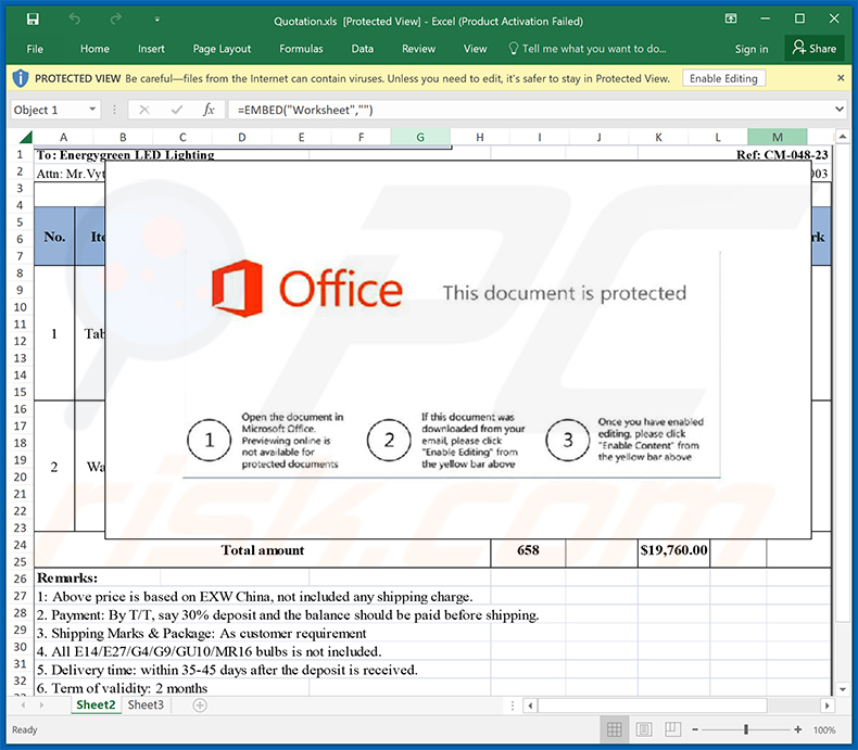 Documento MS Excel dannoso distribuito tramite la truffa via e-mail Final Price (2024-04-08)