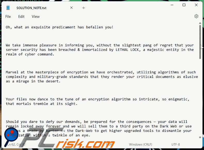 Lethal Lock ransomware file di testo (SOLUTION_NOTE.txt)