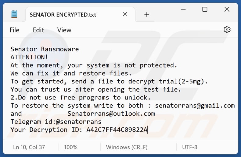 Senator ransomware file di testo (SENATOR ENCRYPTED.txt)