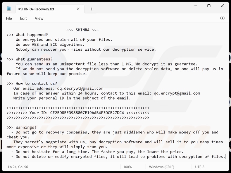 SHINRA ransomware nota di riscatto (#SHINRA-Recovery.txt)