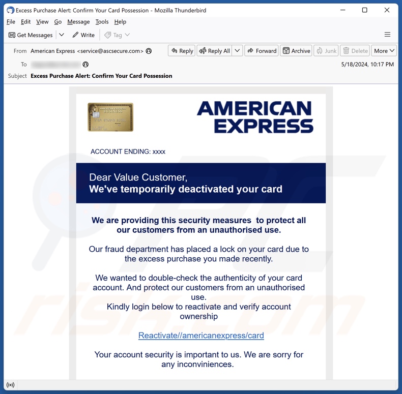 American Express Card Deactivation campagna di spam via e-mail