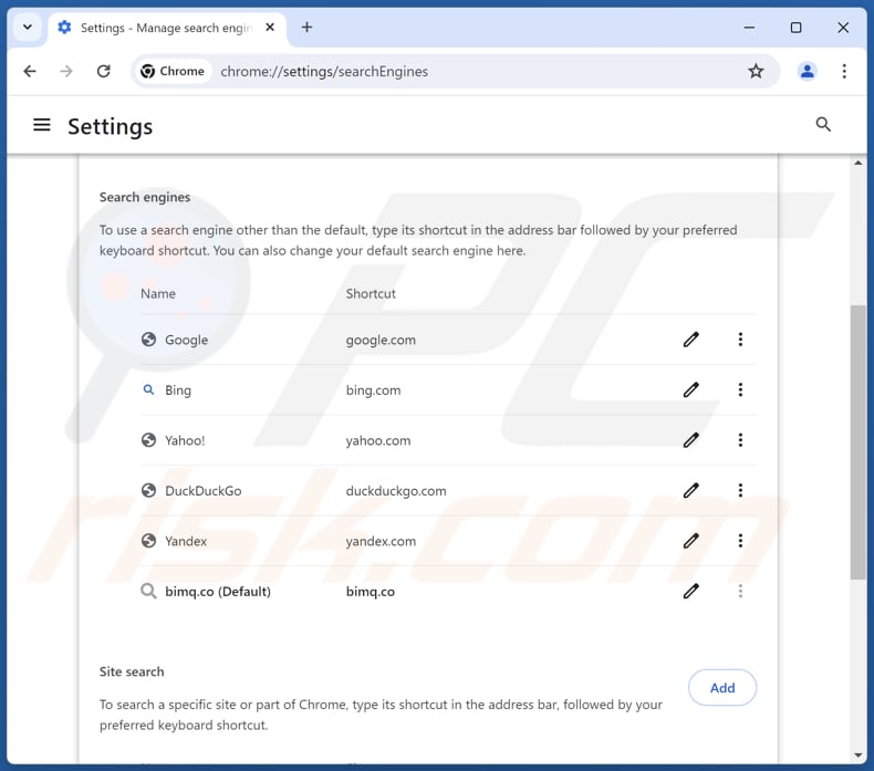 Rimozione di bimq.co dal motore di ricerca predefinito di Google Chrome