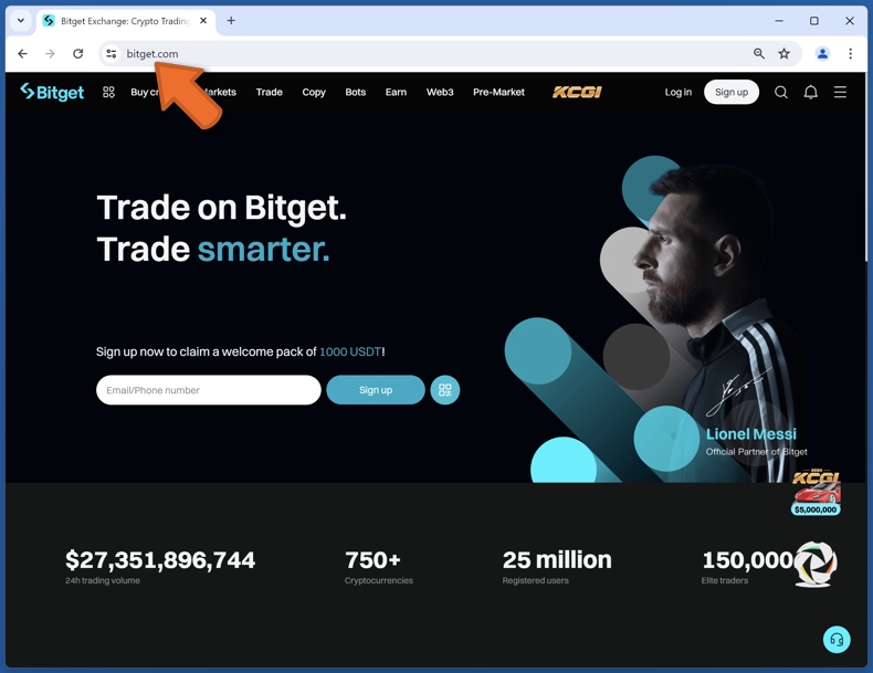 Aspetto del vero sito web Bitget (bitget.com)