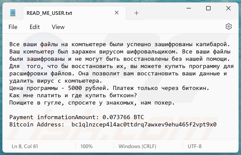 Capibara ransomware nota di riscatto (READ_ME_USER.txt)