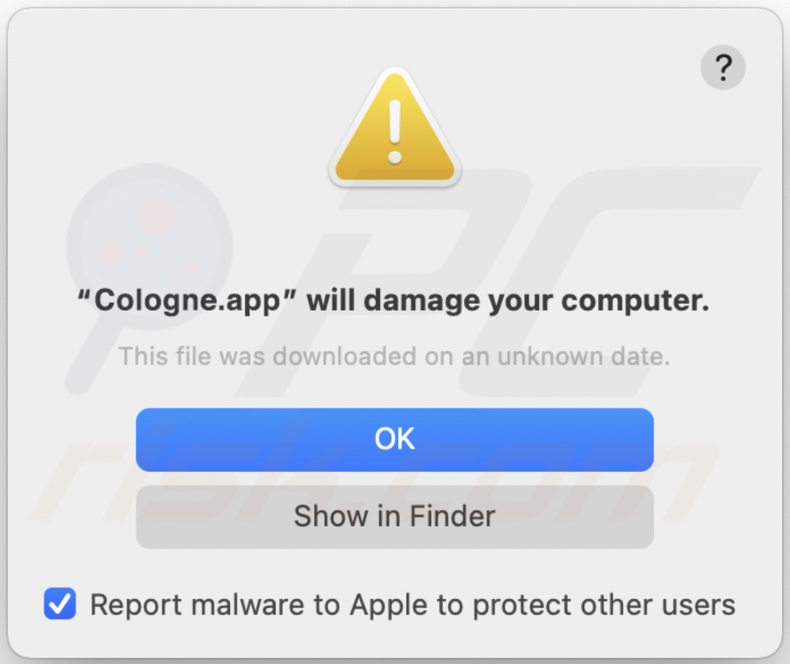 Pop-up visualizzato quando l'adware Cologne.app viene rilevato nel sistema