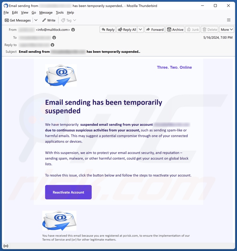 Email Sending Has Been Temporarily Suspended campagna di spam via e-mail