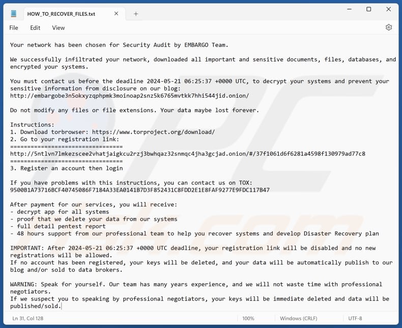 EMBARGO ransomware file di testo (HOW_TO_RECOVER_FILES.txt)