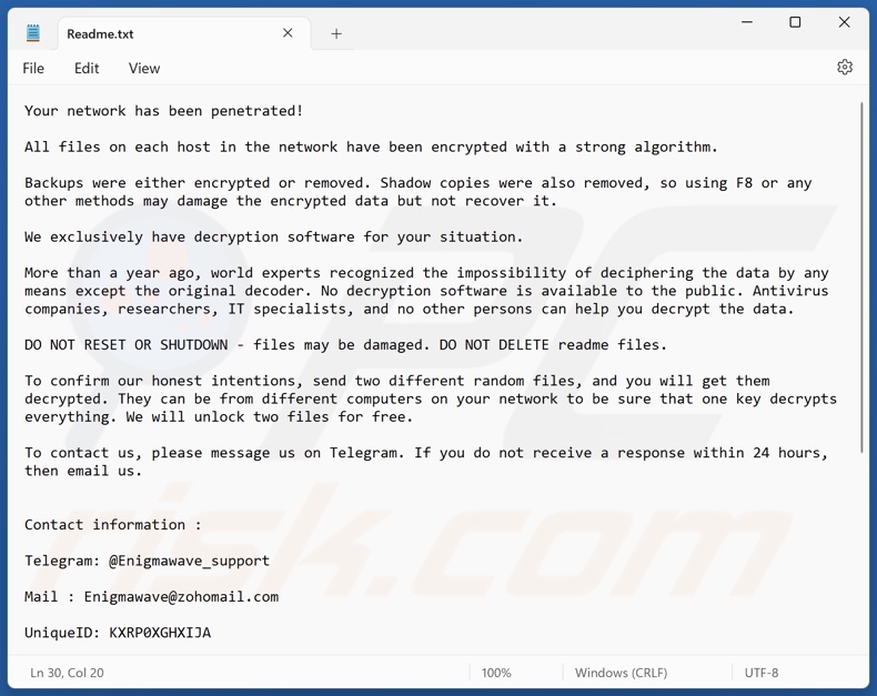 EnigmaWave ransomware nota di riscatto (Readme.txt)