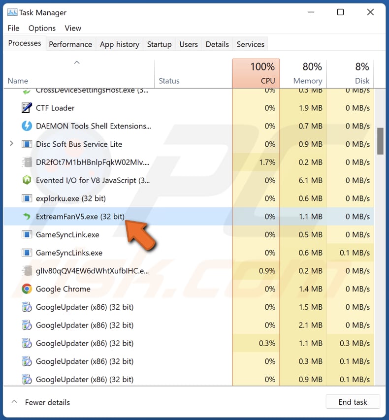 Applicazione indesiderata ExtreamFanV5 in esecuzione nel task manager