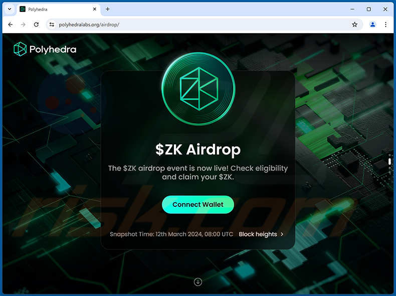 Sito web di Polyhedra Network $ZK Airdrop drainer - polyhedralabs[.]org