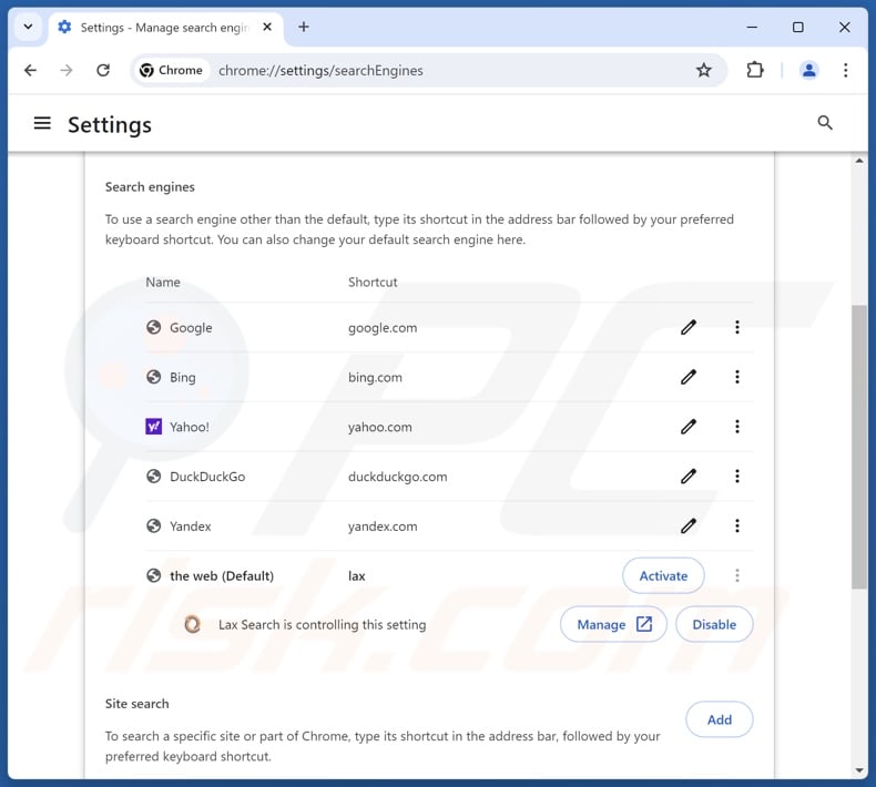 Rimozione di laxsearch.com dal motore di ricerca predefinito di Google Chrome