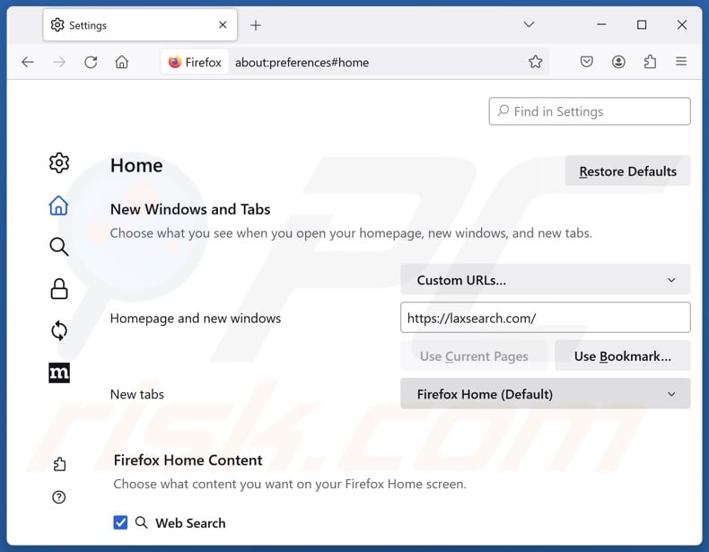 Rimozione di laxsearch.com dalla homepage di Mozilla Firefox