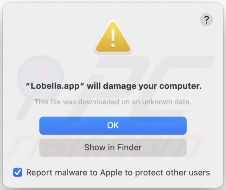 Pop-up visualizzato quando l'adware Lobelia viene rilevato nel sistema