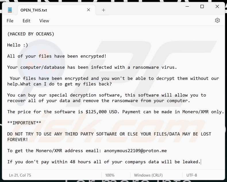 OCEANS ransomware file di testo (OPEN_THIS.txt)