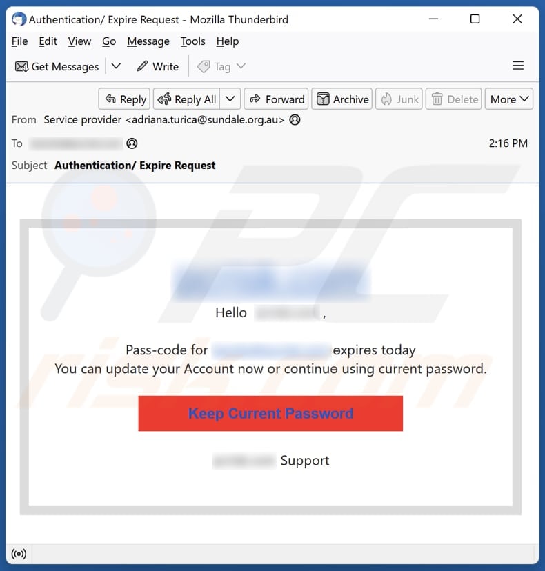 Pass-code Expires Today campagna di spam via e-mail