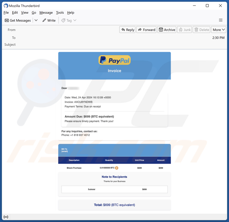 Campagna di spam di PayPal Crypto Purchase Invoice