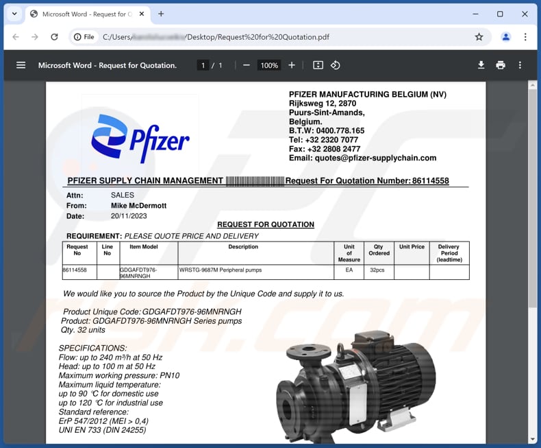 Pfizer Supply Email Truffa phishing PDF quinta variante