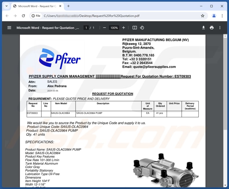 Pfizer Supply Email phishing PDF terza variante