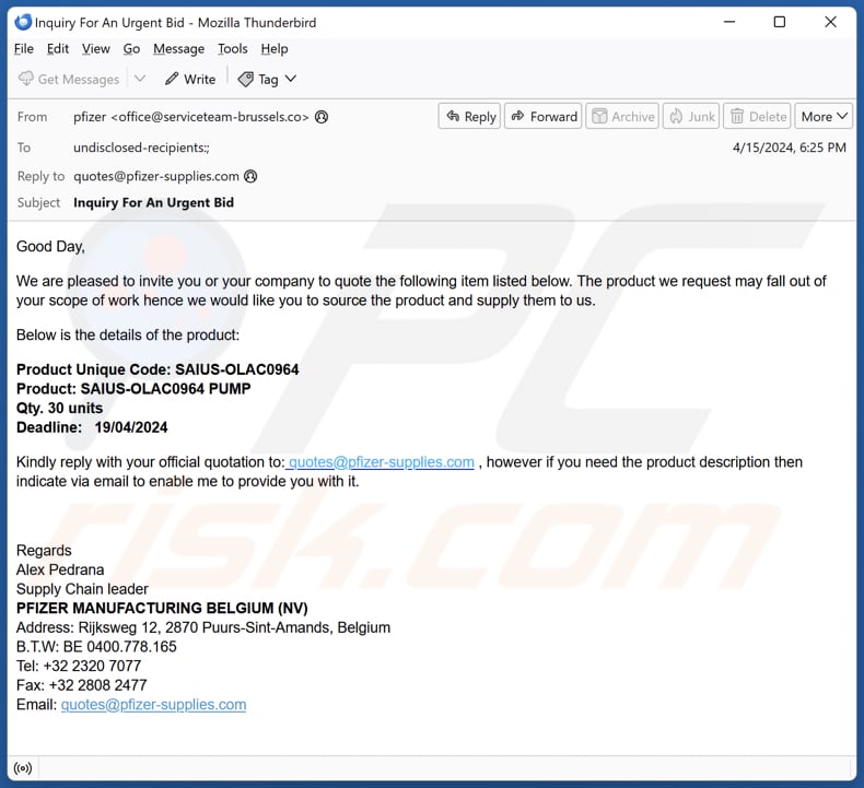 Pfizer Supply Email Truffa seconda variante