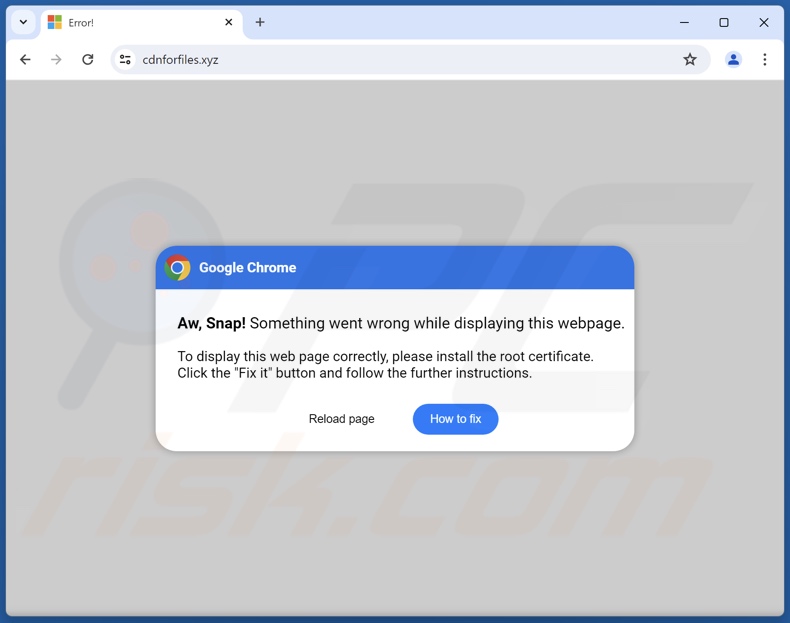 Il pop-up iniziale visualizzato da Please Install The Root Certificate truffa