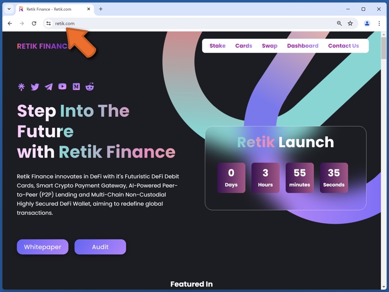 Aspetto del vero sito web di Retik Finance (retik.com)