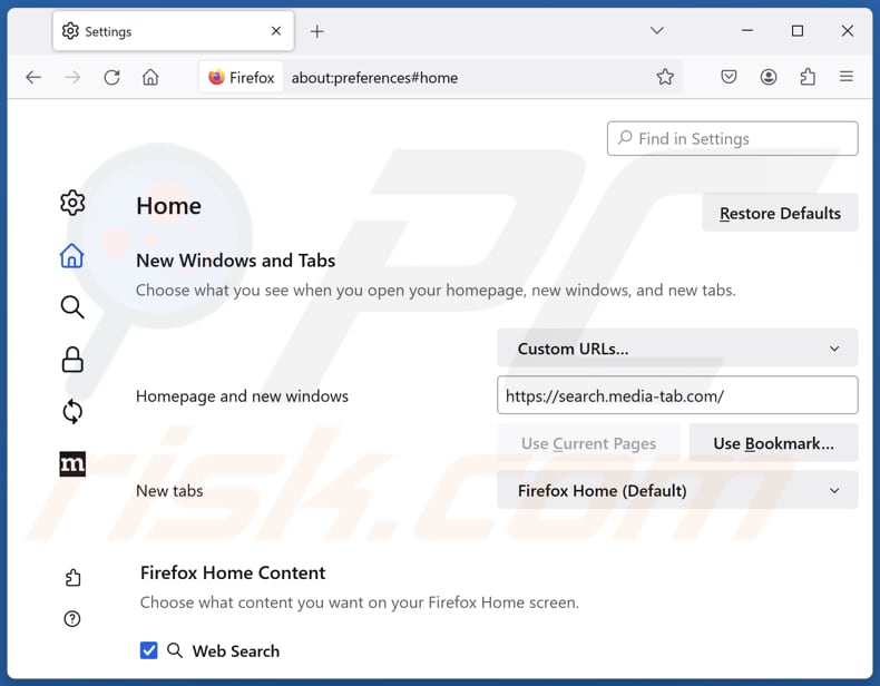 Rimozione di search.media-tab.com dalla homepage di Mozilla Firefox