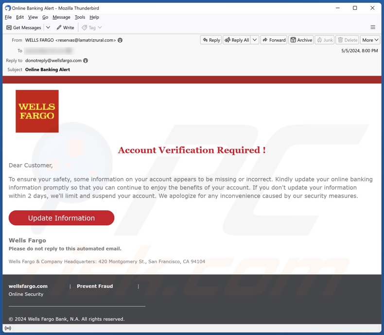 Wells Fargo - Account Verification Required campagna di spam via e-mail