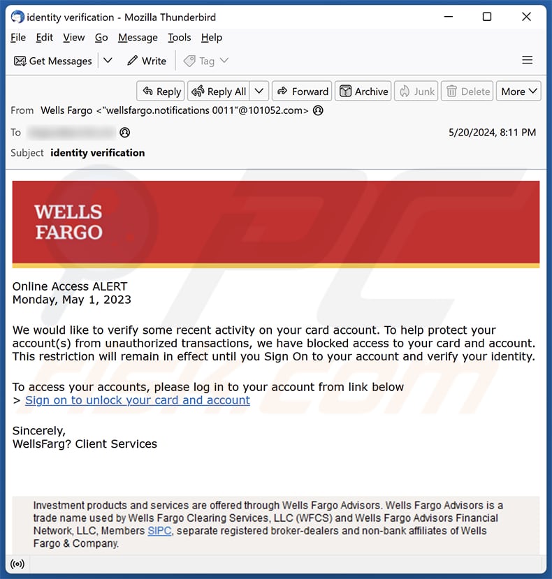 Wells Fargo - Card Activity Verification campagna di spam via e-mail