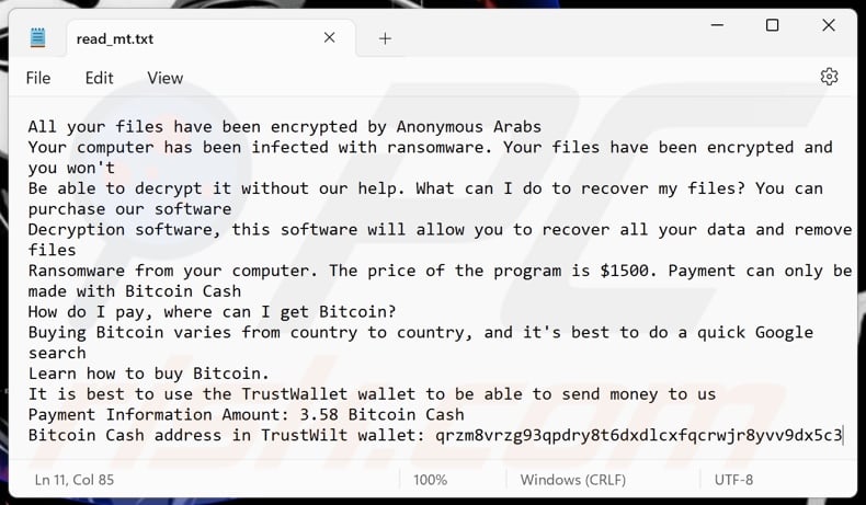 Nota di riscatto del ransomware Anonymous Arabs (read_mt.txt)