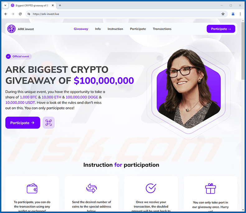 ARK Invest Crypto Giveaway truffa - ark-invest[.]live