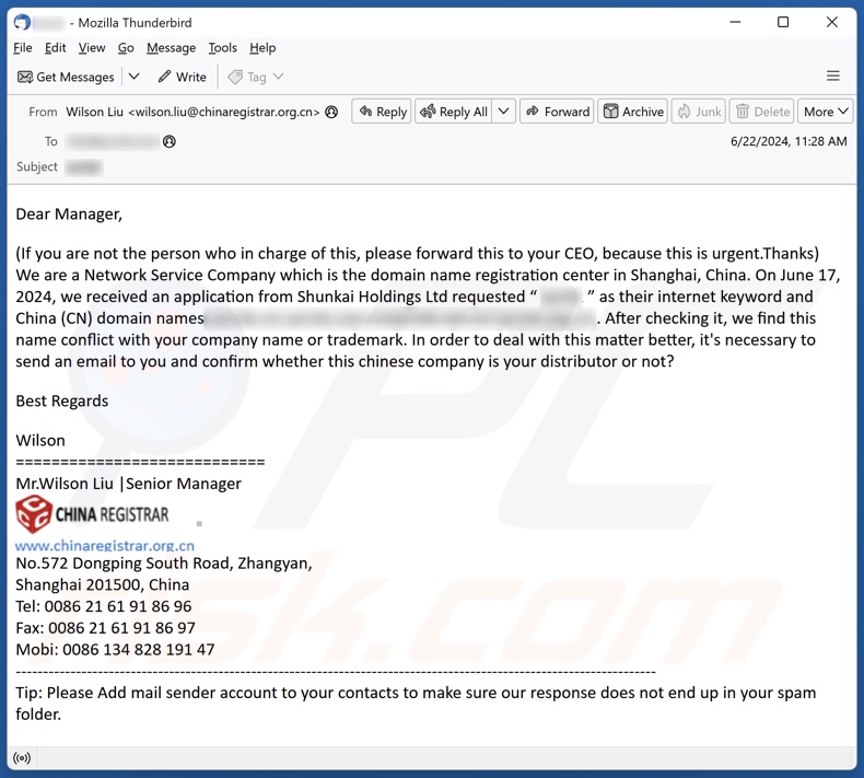 Conflict With Your Company Name Or Trademark campagna di spam via e-mail
