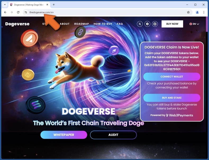 Aspetto del vero sito web Dogeverse (thedogeverse[.]com)