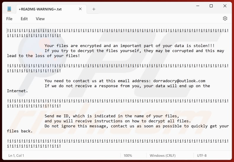 File di testo del ransomware DORRA (+README-WARNING+.txt)