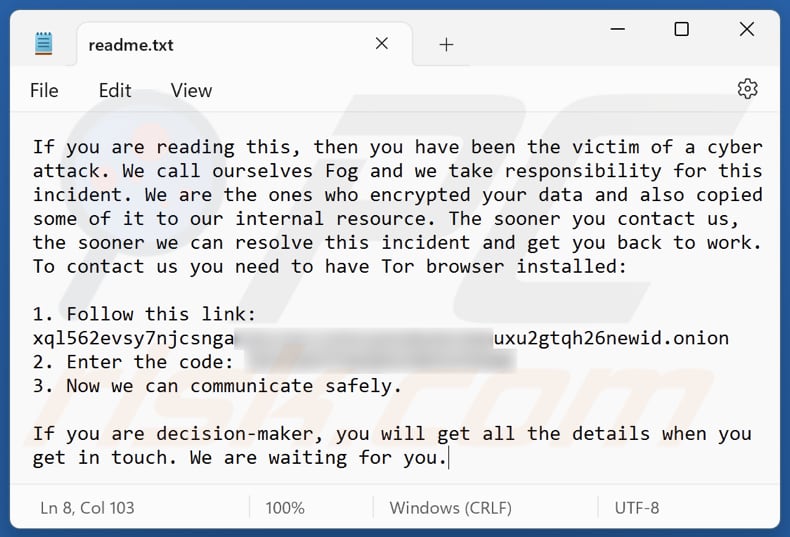 File di testo del ransomware Fog (readme.txt)