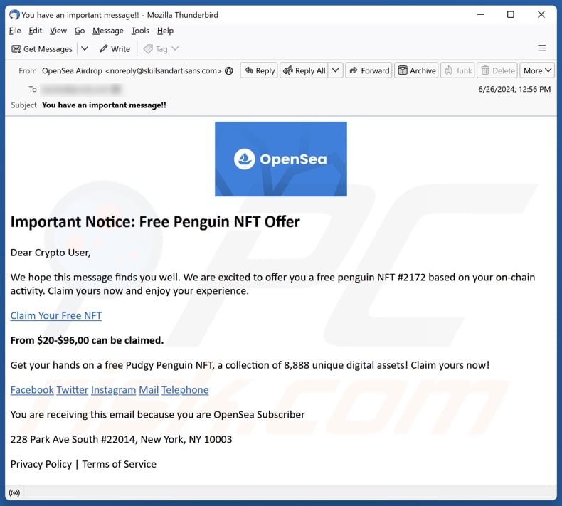 Comparsa dell'e-mail di spam che avalla la truffa Free Penguin NFT