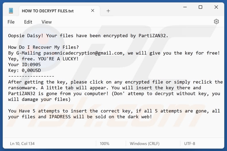 PartiZAN32 ransomware file di testo (HOW TO DECRYPT FILES.txt)