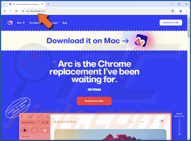 Sito web ingannevole che prolifera il malware Poseidon (esca per il download del browser Arc)