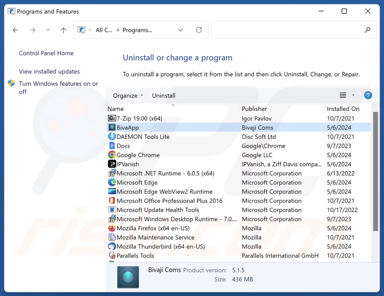 Disinstallazione di BivaApp tramite il Pannello di controllo