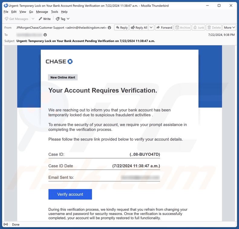 Chase - Account Verification campagna di spam via e-mail