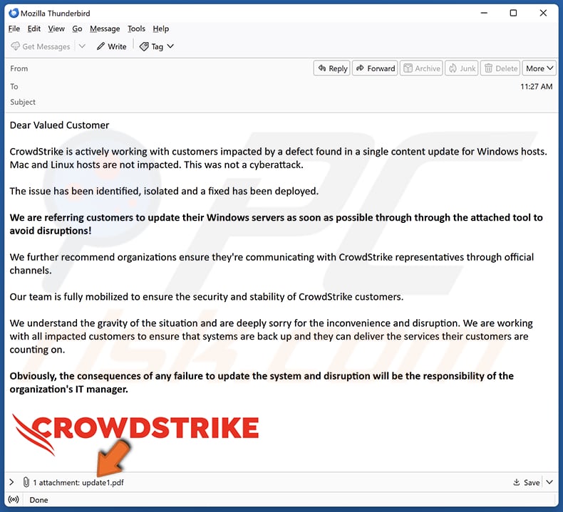 Email truffaldina di CrowdStrike che diffonde un PDF che diffonde un wiper di dati