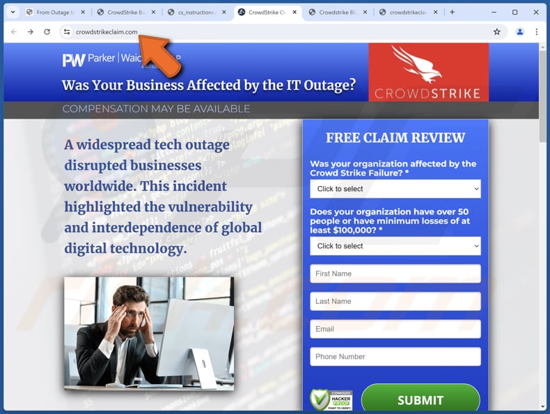 Sito web truffa di CrowdStrike che ospita uno schema fraudolento