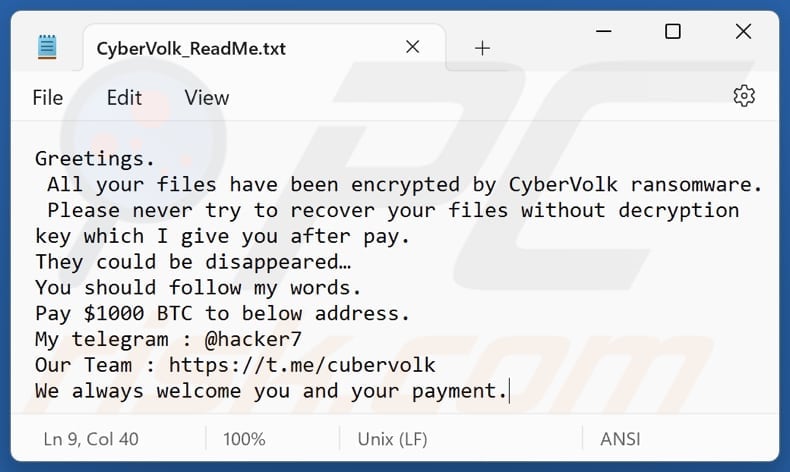 CyberVolk ransomware file di testo (CyberVolk_ReadMe.txt)